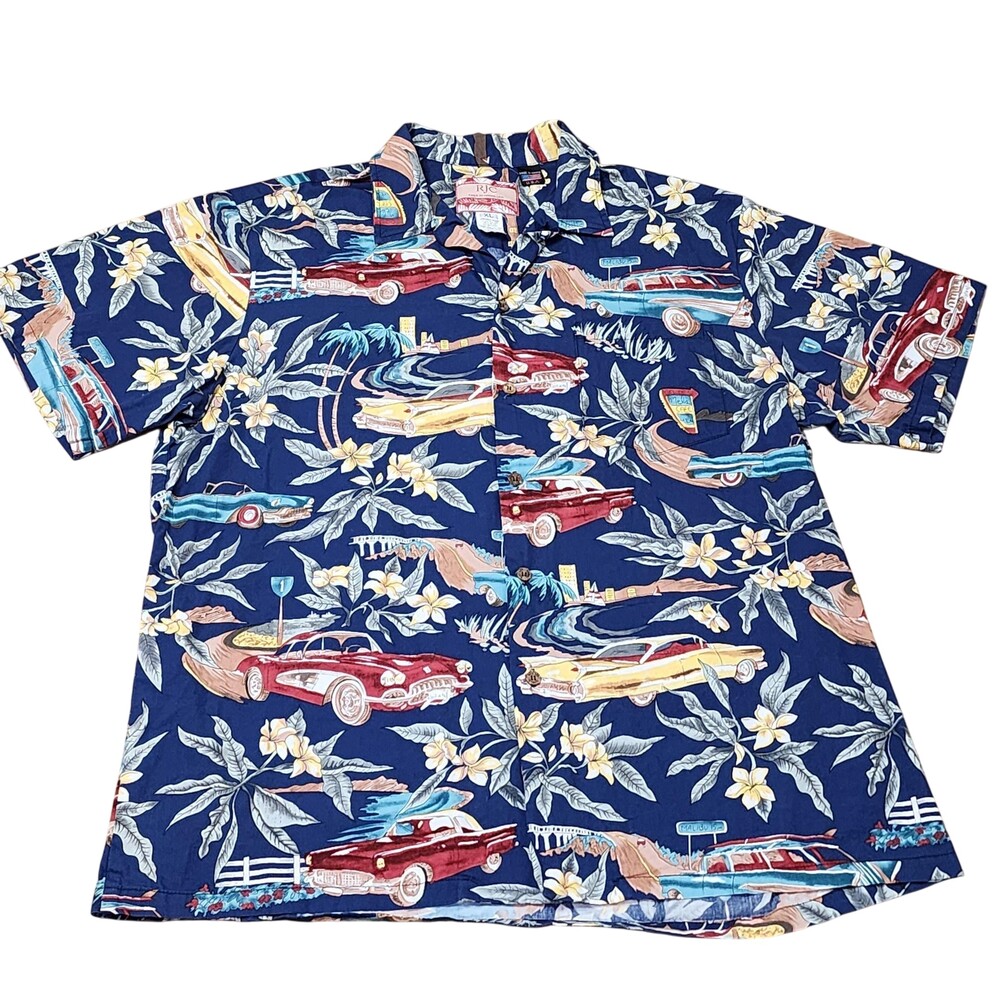 RJC Shirt Mens XL Blue Hawaiian Floral Car Print Made In Hawaii Cotton Aloha USA